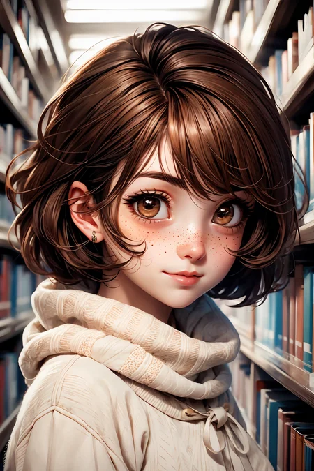 closeup, face, portrait, upper body,
freckles,
shy, blush,
(short brown hair:1.1),
(library:1.1),
(brown eyes:1.4),
cozy, detailed eyes, winter sweater,
<lora:more_details:0.35>
<lora:Cosmic anime-oil fusion v2:0.35>
<lora:AnimeVibesV3:0.5> animevibes,
<lora:3DMM_V11:0.6> 3DMM
<lora:midjourney_20230624181825:0.4> midjourney, shiny, shiny hair, shiny skin, shiny clothes