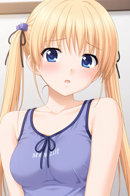 masterpiece, best quality, absurdres, official art, official style, rating general BREAK <lora:mukaimana_IL_v1-1:0.7>, mukai mana, 1girl, solo, blue eyes, blonde hair, long hair, twintails, hair ribbon, black ribbon, cube hair ornament, small breasts, casual, purple tank top, breast ribbon, purple ribbon, bare shoulders, collarbone, midriff peek, clothes writing, upper body, portrait, close-up,
blush, :o, disappointed, looking at viewer, open mouth