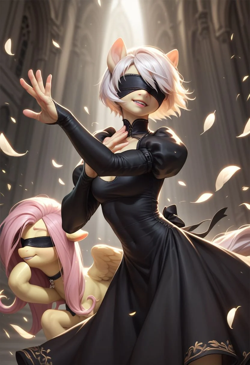 score_9, score_8_up, score_7_up, score_5_up, FLuttershy, pony, antro, 2BNAXL, blindfold, white hair, short hair, black dress, extremely detailed face, high quality, dynamic pose,