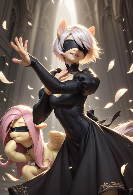 score_9, score_8_up, score_7_up, score_5_up, FLuttershy, pony, antro, 2BNAXL, blindfold, white hair, short hair, black dress, extremely detailed face, high quality, dynamic pose,
