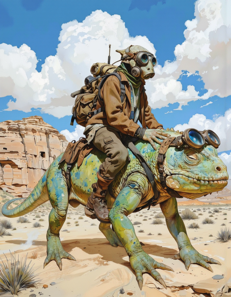 By theaicolab. A digital illustration shoot from a side camera angle about a humanoid reptilian character wearing a gas mask and goggles, riding on the back of a large, green lizard. the character is positioned in the middle of the image, with the lizard's tail visible behind them. they are wearing a brown jacket, brown pants, and a brown backpack with goggles attached to it. the lizard has a pair of goggles perched on its head, giving it a futuristic and adventurous look. the background features a desert landscape with rocky formations and a clear blue sky with fluffy white clouds. the overall color palette is vibrant and detailed, with a mix of blues, greens, and yellows, giving the image a sci-fi feel. <lora:The_AI_Colab:1>