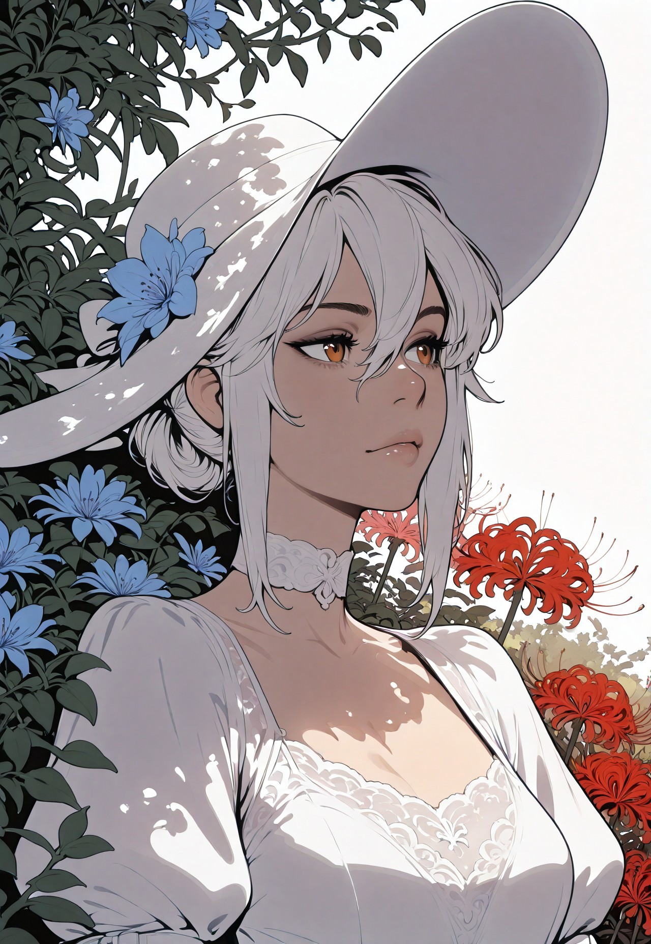 HDR, 8K, high contrast, masterpiece, best quality, amazing quality, very aesthetic, realistic, newest, volumetric lighting,
(artist:incase:0.5), (artist:tsuaii:0.5),  (flat colors:2), (close up portrait), (white background),
1girl, folded ponytail, hair between eyes, bridal dress, white dress, white choker, juliet sleeves, puffy sleeves, white elbow gloves, white strappy heels, white sun hat, crossed legs, garden, vines, blue flowers, red spider lily, looking away, soft shading, dappled sunlight,