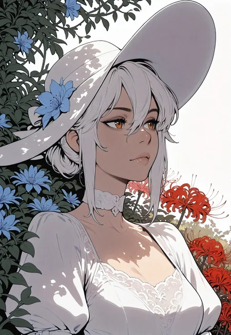 HDR, 8K, high contrast, masterpiece, best quality, amazing quality, very aesthetic, realistic, newest, volumetric lighting,
(artist:incase:0.5), (artist:tsuaii:0.5),  (flat colors:2), (close up portrait), (white background),
1girl, folded ponytail, hair between eyes, bridal dress, white dress, white choker, juliet sleeves, puffy sleeves, white elbow gloves, white strappy heels, white sun hat, crossed legs, garden, vines, blue flowers, red spider lily, looking away, soft shading, dappled sunlight,