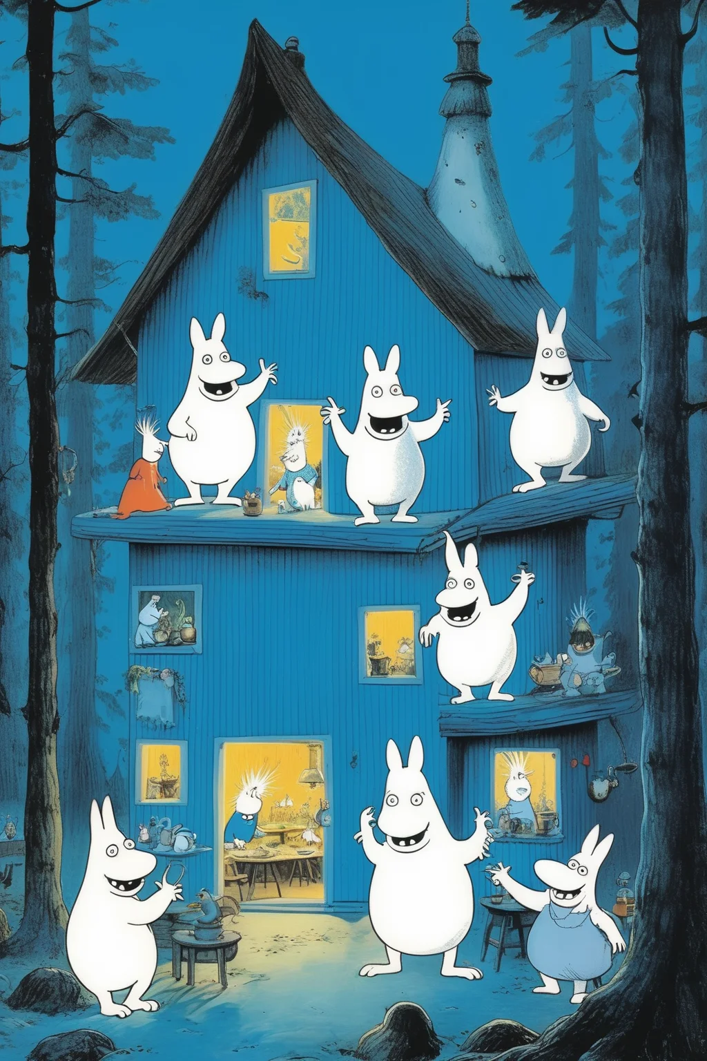 <lora:Tove Jansson Style:1>Tove Jansson Style - The Moomins from finland are having a techno party in their tall blue house in the woods
