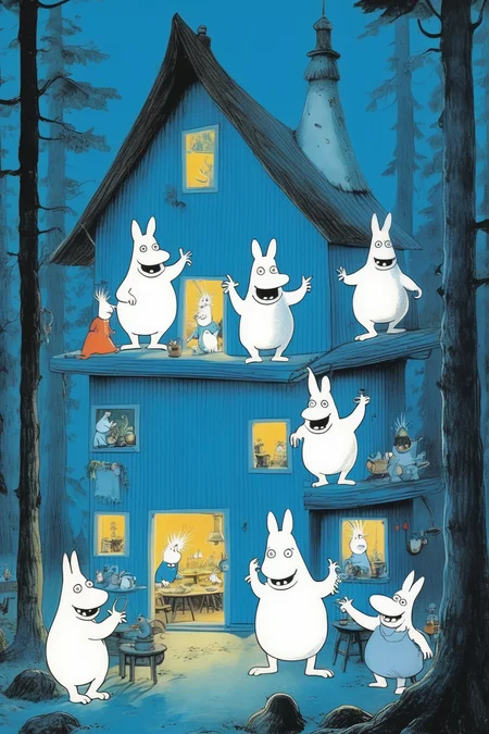 <lora:Tove Jansson Style:1>Tove Jansson Style - The Moomins from finland are having a techno party in their tall blue house in the woods