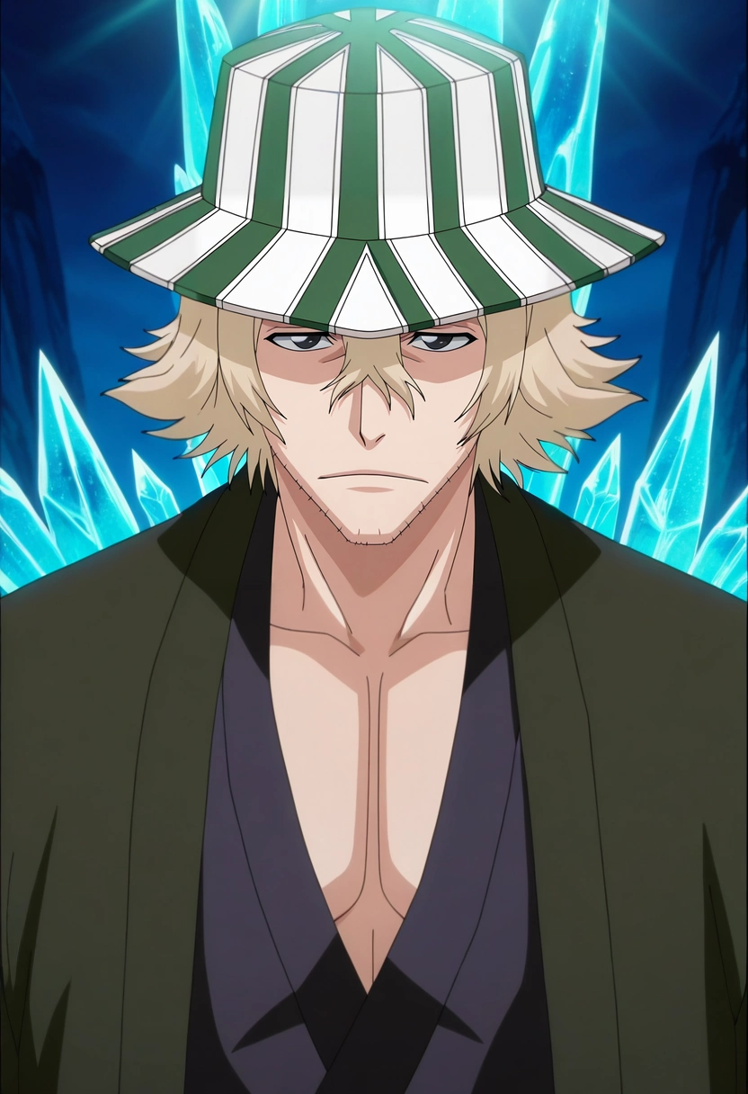 masterpiece, best quality, , anime screencap, , , , 1boy, solo, male focus, <lora:kisuke_urahara_ilxl:1>, kisuke_urahara, blonde hair, black eyes, short hair, hair between eyes, facial hair, stubble, hat, ice palace, frozen throne, crystal chandeliers, frost patterns, regal pose, dignified expression, filtered sunlight,