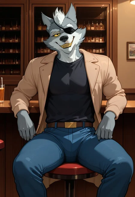 masterpiece, best quality, amazing quality, very aesthetic, absurdres, newest,  high quality, detailed, male, solo male, WolfgangSeamus, broad shoulders, mature male, black eyes, yellow sclera, athletic build, animal ears, wolf, scruffy, anthro male, gray fur, eyepatch on left eye, black shirt, tan jacket, blue jeans, indoors, bar (place), grinning, smug, sitting at booth, evening lighting, restaurant booth, looking at viewer, half lidded eyes
