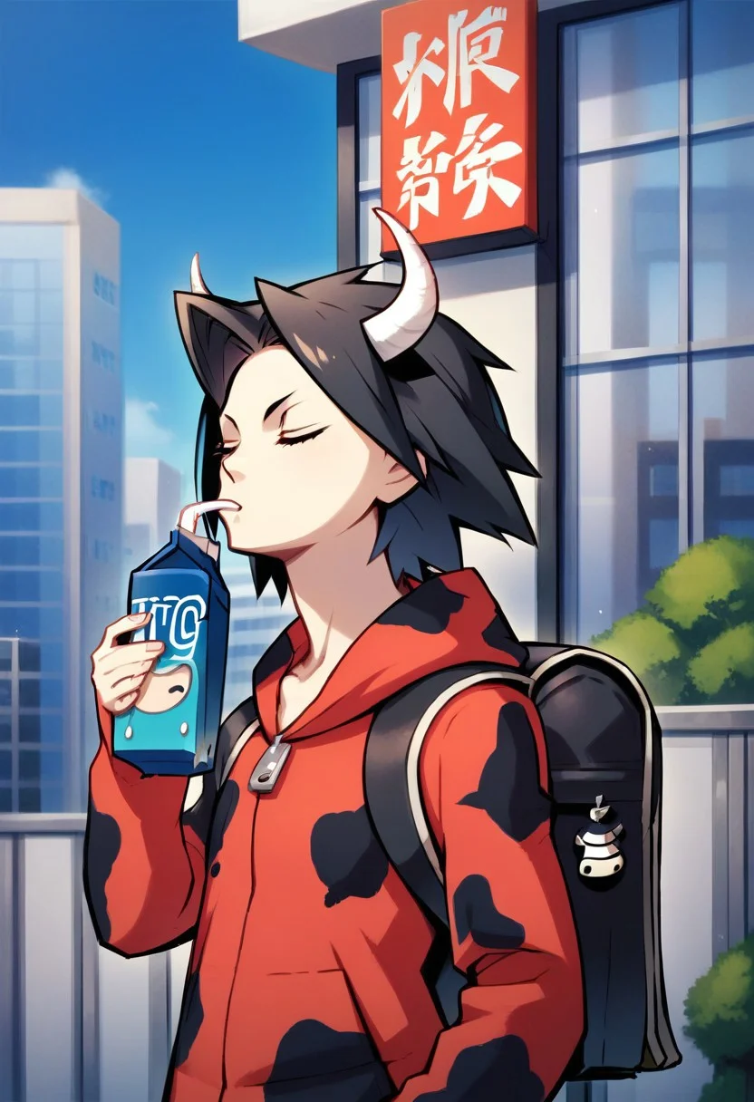 score_9, score_8_up, score_7_up, source_anime, Shaun Fenn,solo,black hair,long sleeves,1girl,holding,jacket,closed eyes,outdoors,horns,day,hood,bag,from side,hoodie,backpack,bottle,animal print,building,hand in pocket,drinking,cow print,milk,