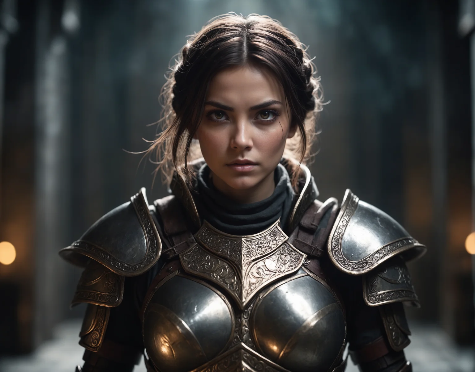 cinematic film still, a mage woman, armor, wrathful eyes, dark atmosphere, shallow depth of field, vignette, highly detailed, high budget, bokeh, cinemascope, moody, epic