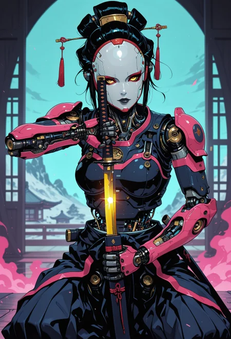<lora:ck-nc-cyberpunk-IL-000011:0.45>,  masterpiece, best quality, good quality, very aesthetic, absurdres, newest, 8K, depth of field, focused subject, action shot, 1girl, woman Geisha is an android, looking at viewer, fierce look, the plastic cyborg mask is open, the mechanical parts of the robot are visible inside, the android is very sinister and dangerous, cross_draw, katana, sword_draw, iaido, one_hand_on_sheath, unsheathing, from the epic movie Ghost in Armor, erie japanese teahouse background
in the style of cknc, in the style of ck-rw
<lora:MoriiMee_Gothic_Niji_Style_Illustrious_r1:0.5>
<lora:ck-neon-retrowave-IL:0.55>
<lora:ck-shadow-circuit-IL:0.65>
