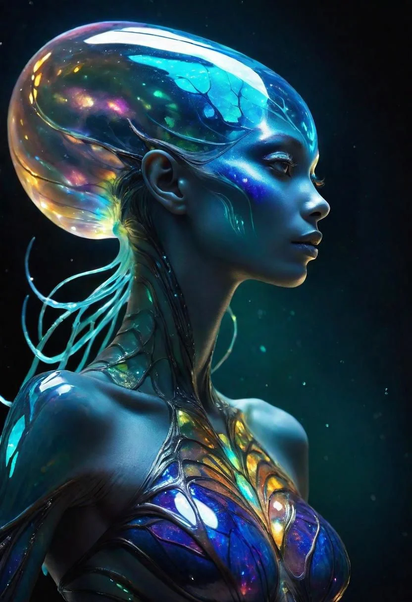 an extraterrestrial species whose defining characteristic: bioluminescent skin. Her body and skin shimmers with colors that defy human understanding, a living, breathing canvas of cosmic art., Broken Glass effect, no background, stunning, something that even doesn't exist, mythical being, energy, molecular, textures, iridescent and luminescent scales, breathtaking beauty, pure perfection, divine presence, unforgettable, impressive, breathtaking beauty, Volumetric light, auras, rays, vivid colors reflects, outer space, vanishing point, super highway, high speed, digital render, digital painting, beeple, noah bradley, cyril roland, ross tran, trending on artstation