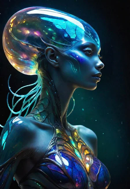 an extraterrestrial species whose defining characteristic: bioluminescent skin. Her body and skin shimmers with colors that defy human understanding, a living, breathing canvas of cosmic art., Broken Glass effect, no background, stunning, something that even doesn't exist, mythical being, energy, molecular, textures, iridescent and luminescent scales, breathtaking beauty, pure perfection, divine presence, unforgettable, impressive, breathtaking beauty, Volumetric light, auras, rays, vivid colors reflects, outer space, vanishing point, super highway, high speed, digital render, digital painting, beeple, noah bradley, cyril roland, ross tran, trending on artstation