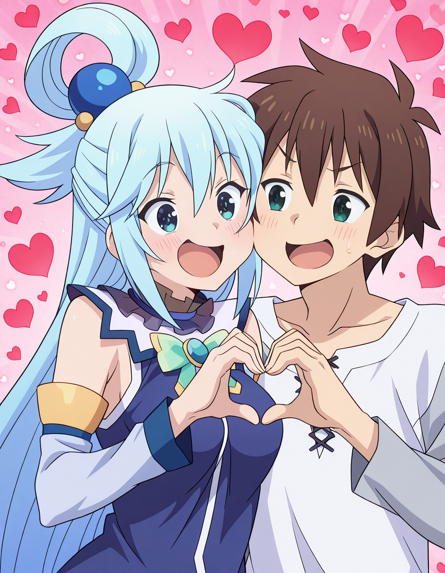 masterpiece, best quality, amazing quality,, <lora:konosuba-aqua-s2-ponyxl-lora-nochekaiser:1>, aqua (konosuba), long hair, blue eyes, hair ornament, very long hair, blue hair, hair rings, single hair ring, hair bobbles, medium breasts, anime screencap, <lora:kazuma-satou-illustriousxl-lora-nochekaiser:1>, kazuma satou, 1boy, brown hair, green eyes, short hair,, , <lora:heart-hands-duo-illustriousxl-lora-nochekaiser:1> heart hands duo, heart hands, heart, heads together, cheek-to-cheek, open mouth, smile, hetero