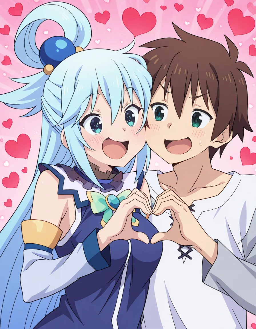 masterpiece, best quality, amazing quality,, <lora:konosuba-aqua-s2-ponyxl-lora-nochekaiser:1>, aqua (konosuba), long hair, blue eyes, hair ornament, very long hair, blue hair, hair rings, single hair ring, hair bobbles, medium breasts, anime screencap, <lora:kazuma-satou-illustriousxl-lora-nochekaiser:1>, kazuma satou, 1boy, brown hair, green eyes, short hair,, , <lora:heart-hands-duo-illustriousxl-lora-nochekaiser:1> heart hands duo, heart hands, heart, heads together, cheek-to-cheek, open mouth, smile, hetero