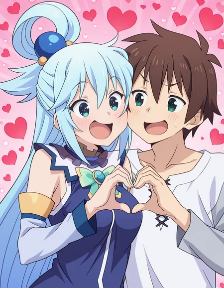 masterpiece, best quality, amazing quality,, <lora:konosuba-aqua-s2-ponyxl-lora-nochekaiser:1>, aqua (konosuba), long hair, blue eyes, hair ornament, very long hair, blue hair, hair rings, single hair ring, hair bobbles, medium breasts, anime screencap, <lora:kazuma-satou-illustriousxl-lora-nochekaiser:1>, kazuma satou, 1boy, brown hair, green eyes, short hair,, , <lora:heart-hands-duo-illustriousxl-lora-nochekaiser:1> heart hands duo, heart hands, heart, heads together, cheek-to-cheek, open mouth, smile, hetero