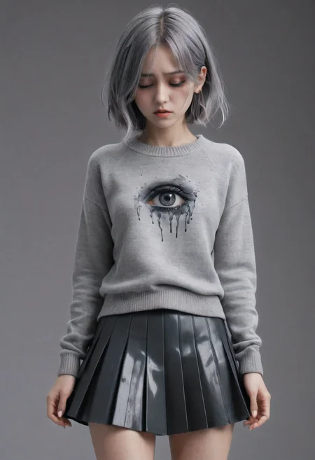 (anime art of A woman with grey skin and black eyes wearing a grey sweater and grey skirt crying out black ink, black ink tripping out of her eyes:1.3), masterpiece, 4k, best quality, anime art, dark mood,