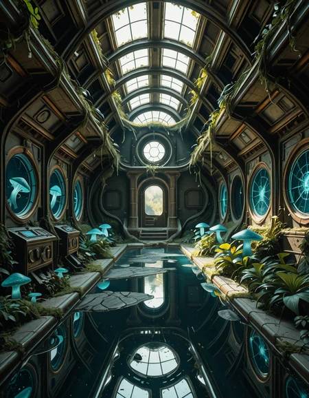 The interior of an ancient abandoned spaceship, overtaken by lush vegetation. The walls and ceiling are covered in thick, twisting vines and moss. Strange alien plants glow faintly in shades of blue and green, casting an eerie, mystical light across the metallic surfaces. Rusted control panels and shattered glass windows hint at a long-forgotten past. The floor is cracked and partially flooded with still, reflective water. Patches of bioluminescent fungi cling to the corners, adding a surreal atmosphere. The air feels heavy with moisture, and beams of soft, diffused light filter through holes in the hull, creating dramatic shafts of light and shadow. The overall style is hyper-realistic, rich in textures, with a cinematic and slightly melancholic mood.<lora:SDXLFaeTastic2400:0.4> <lora:extremely_detailed:0.4> extremely detailed,ancient abandoned sp4c3sh1p, <lora:ancient_abandoned_sp4c3sh1p-i:1>, Masterpiece,best quality,hi res,8k,hi res,8k,award winning,(sharp focus, intricate, highly detailed),