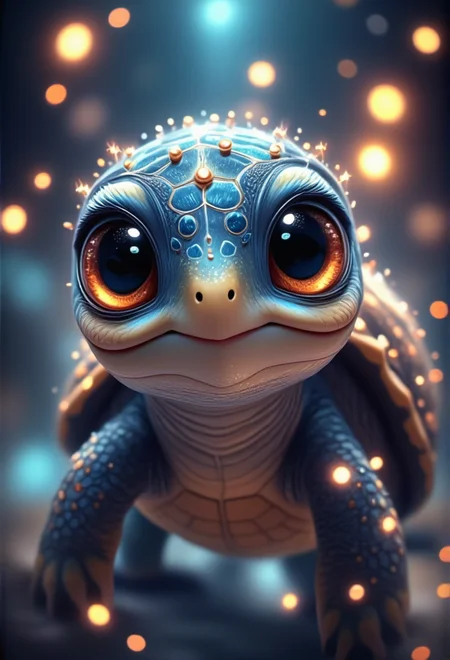 a charming sea turtle with a baby smile, bv-cutenh, dancing with sparkles around, captured from a top-down view, in a fantastical style, ultra-detailed, with vibrant, radiant colors and sparkling ambiance that creates a sense of wonder, emphasizing extreme cuteness and charm with soft, rounded features, oversized, expressive eyes, and an enchanting atmosphere.<lora:bv-cuteness-enhancer-v1.safetensors:1.0:1.0>