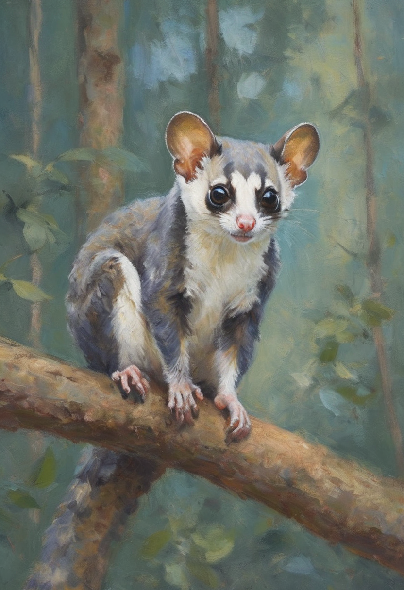 impressionist painting of an adorable sugar glider in the upper branches of its forest