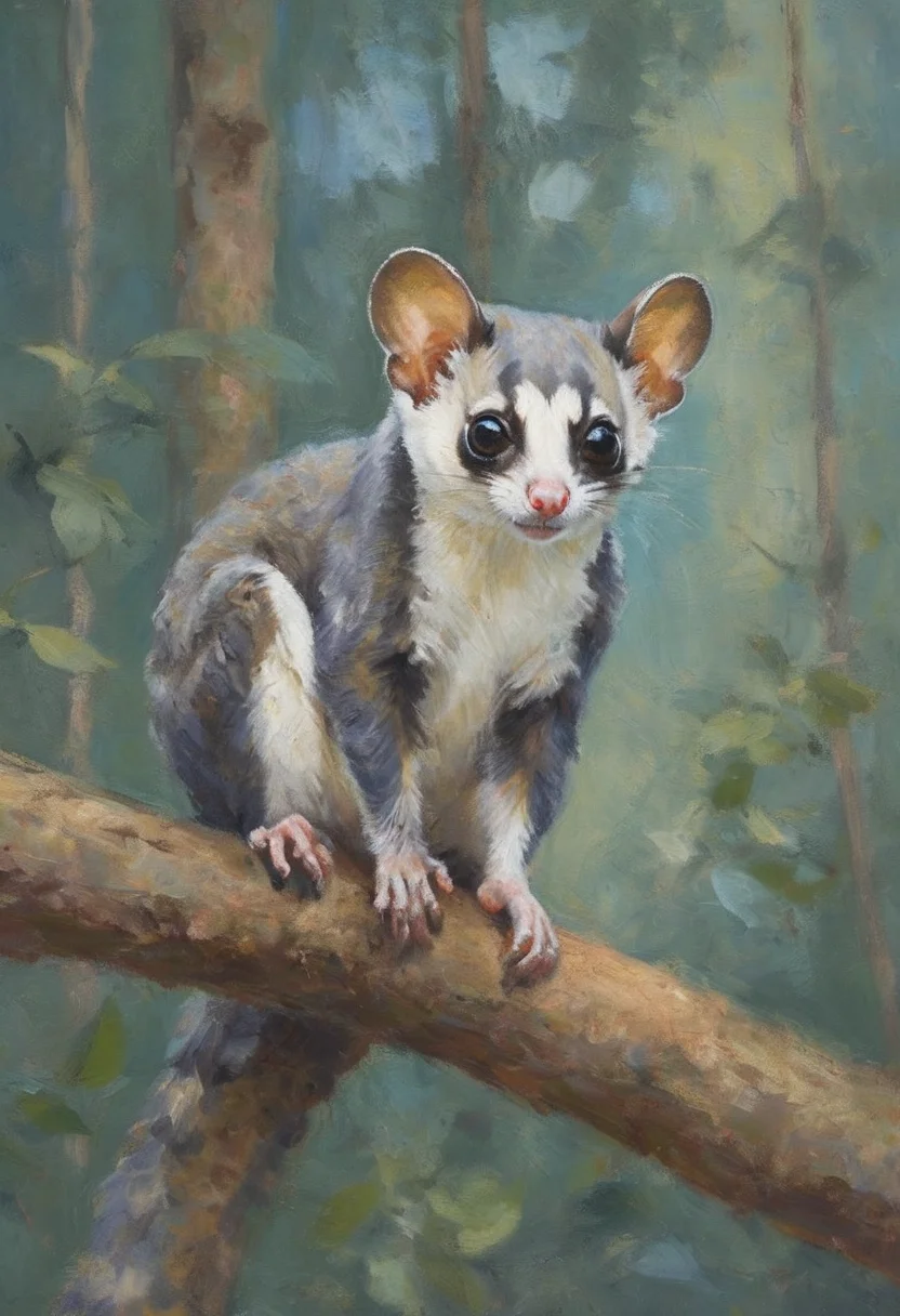 impressionist painting of an adorable sugar glider in the upper branches of its forest