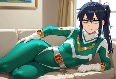score_9, score_8_up, score_7_up, BREAK,
1girl, solo, sentaisaintforce, green bodysuit, silver belt, white gloves, spandex, m-shaped chest symbol, helmet removed, no headwear, reneegr, black hair, ponytail, sidelocks, long hair, green eyes, jitome, (bags under eyes:1.5), frown, annoyed, tired, looking at viewer, on side, hand on hip, indoors, room, sofa, Expressiveh