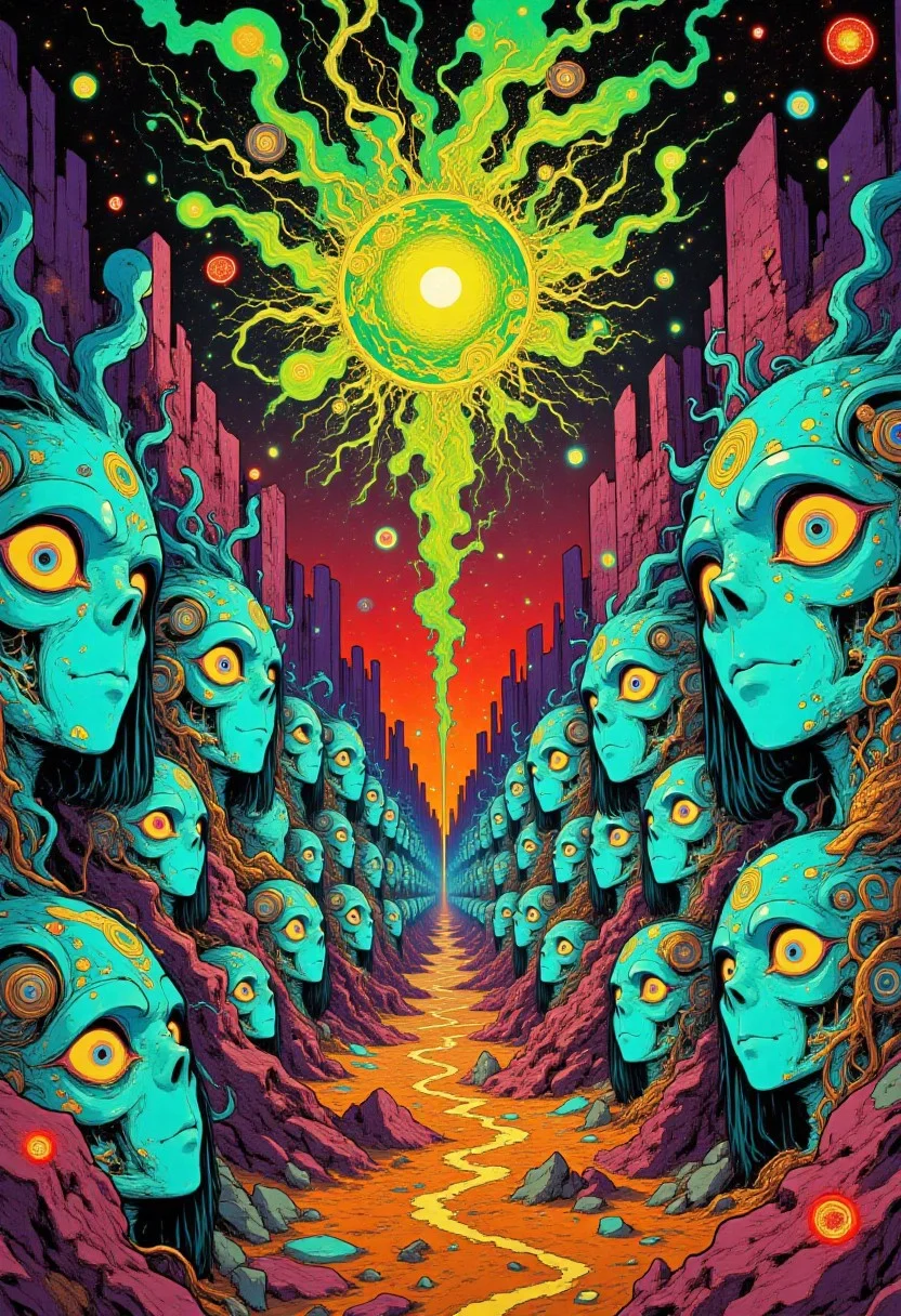 An infinite, seamlessly tiling psychedelic landscape of interconnected, mask-like faces — bold, radiant visages in luminous azure blues, covered in swirling fractal patterns and countless all-seeing eyes. The eyes glimmer with electric blues, neon yellows, and iridescent purples, their spiraling, prismatic pupils radiating rainbow-colored energy, evoking heightened mystical perception. The faces stretch into infinity, forming a surreal, kaleidoscopic grid of shared consciousness. The background bursts with web-like neural networks, cosmic patterns, and pulsating mandalas in vibrant reds, magentas, teals, and ultraviolet hues. At the center, a vortex of fractal light spirals endlessly in luminous green, radiant pink, and glowing gold, pulling the viewer into a dimension of transcendent awakening. The entire scene feels alive — breathing, shifting, merging in a cosmic dance of unity and awareness.
Style: visionary art, psychedelic surrealism, fractal fantasy, cyber-organic dreamscape, extremely detailed, vibrant, chaotic yet harmonious.
Important: Seamless repeating pattern, RPS tileable, infinite connection on all edges.