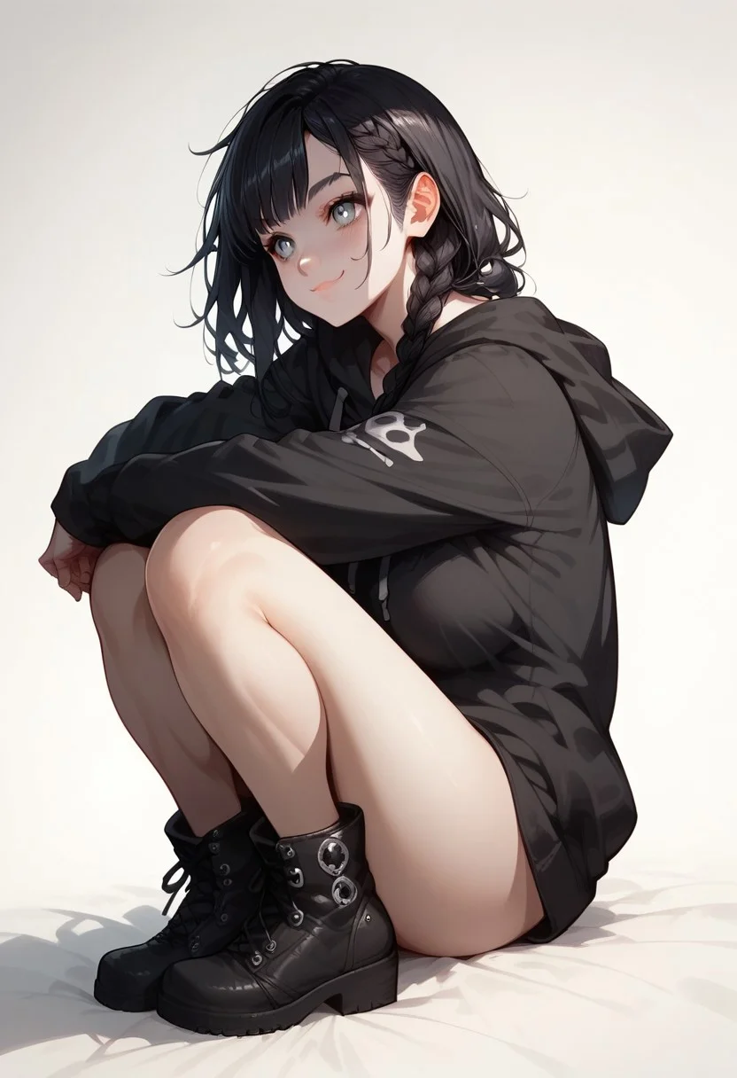 score_9, score_8_up, score_7_up, score_6_up, rating_questionable, 1girl, Sammy, SammyRH, cute face, long braided hair, black hair, grey eyes, detailed eyes, large breasts, chubby, pale skin, HD32k, oversized hoodie, hoodie, large hoodie, black hoodie, no pants, kawaii face, full body , perfect cute face, legs, wearing black boots, black punk poots, looking to viewer, no background, white background, wide shot, wearing black boots, black punk boots, sitting on ground, knees up, side view, smiling, closed mouth