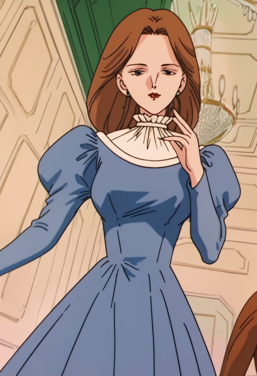 score_9, score_8_up, score_7_up, best quality, retro artstyle, anime screencap, source_anime, anime_screenshot, masterpiece, detailed anime, looking at viewer, solo, dutch angle, cowboy shot, 1girl, Countess_Rose, solo, dress, brown_hair, blue_dress, long_hair, long_sleeves, jewelry, earrings, puffy_sleeves, juliet_sleeves, long_dress, large breast, frilled_collar, frills, puffy_long_sleeves, collar, lipstick, makeup, purple_eyes, red_lips, lips, mature_female, green_stud_earrings, frilled_shirt_collar, low-tied_long_hair, hair_bobbles, NEGATIVE_HANDS