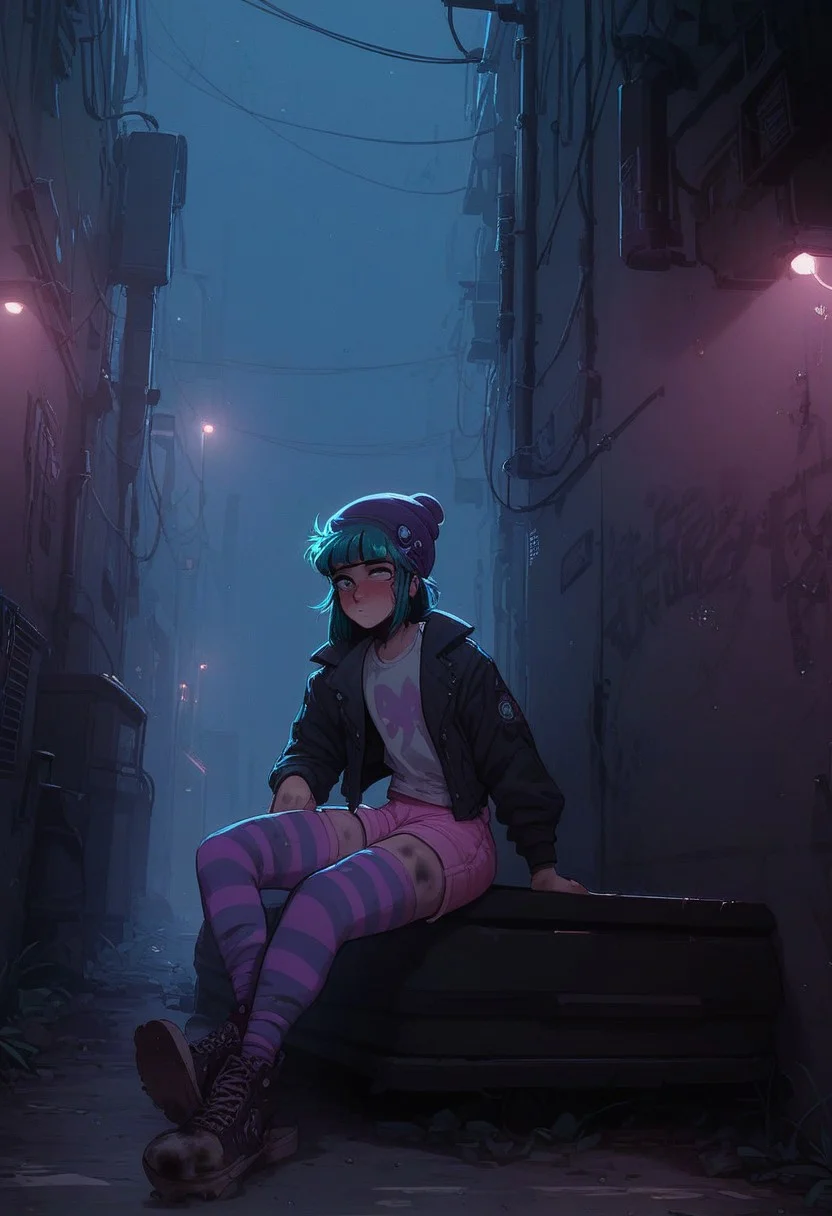 score_9, score_8_up, score_7_up, score_6_up, score_5_up, 90s4n1m3, t4s14,  SilverPulse, (wide shot, dramatic lighting, volumetric lighting, alley, dark, sitting on garbage, dirty, butterfly sitting, 1femboy, beanie, teal hair, blunt bang, bob hair, blush, open jacket, blue t-shirt, striped pink shorts, pair of stockings)