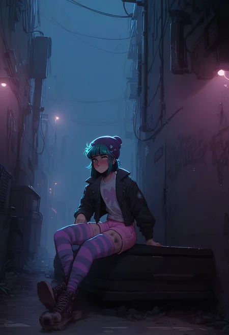 score_9, score_8_up, score_7_up, score_6_up, score_5_up, 90s4n1m3, t4s14,  SilverPulse, (wide shot, dramatic lighting, volumetric lighting, alley, dark, sitting on garbage, dirty, butterfly sitting, 1femboy, beanie, teal hair, blunt bang, bob hair, blush, open jacket, blue t-shirt, striped pink shorts, pair of stockings)