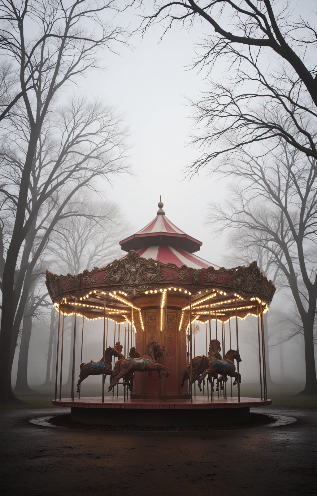 photograph of a vintage carousel set in a misty, foggy forest at dusk. The carousel, positioned centrally in the image, is adorned with intricate, ornate carvings on its canopy and base. The canopy, which is shaped like a pagoda, is painted in a faded, antique red with gold accents. The carousel is illuminated by warm, yellow lights that create a soft, inviting glow against the surrounding mist. The horses, painted in muted shades of red and brown, are arranged in a circle around the central pole. 
The background is enveloped in a thick, white fog that blurs the details of the surrounding trees and adds a mysterious, ethereal quality to the scene. The trees, bare of leaves, have thin, skeletal branches that stretch upwards, their outlines slightly visible through the mist. The ground is dark and wet, suggesting a damp, autumnal environment. The overall color palette is dominated by muted shades of pink, red, and brown, with the fog adding a touch of soft, diffused light. The photograph captures a nostalgic, almost melancholic atmosphere, evoking a sense of nostalgia and the passing of time., <lora:aidmaImageUpraderv0.3:0.4>, aidmaimageupgrader, <lora:diffusion_pytorch_model:1>, <lora:aidmaMJ6.1_v0.5_3:0.7>, aidmaMJ6.1, ultra quality, ultra detailed, intricate details