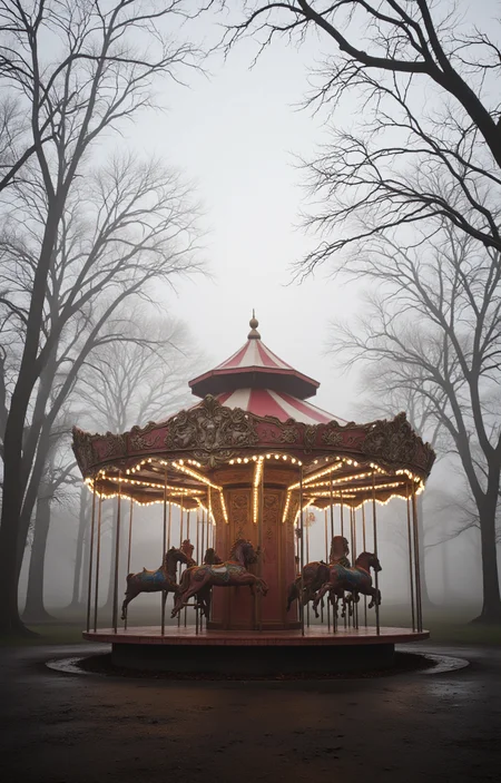 photograph of a vintage carousel set in a misty, foggy forest at dusk. The carousel, positioned centrally in the image, is adorned with intricate, ornate carvings on its canopy and base. The canopy, which is shaped like a pagoda, is painted in a faded, antique red with gold accents. The carousel is illuminated by warm, yellow lights that create a soft, inviting glow against the surrounding mist. The horses, painted in muted shades of red and brown, are arranged in a circle around the central pole. 
The background is enveloped in a thick, white fog that blurs the details of the surrounding trees and adds a mysterious, ethereal quality to the scene. The trees, bare of leaves, have thin, skeletal branches that stretch upwards, their outlines slightly visible through the mist. The ground is dark and wet, suggesting a damp, autumnal environment. The overall color palette is dominated by muted shades of pink, red, and brown, with the fog adding a touch of soft, diffused light. The photograph captures a nostalgic, almost melancholic atmosphere, evoking a sense of nostalgia and the passing of time., <lora:aidmaImageUpraderv0.3:0.4>, aidmaimageupgrader, <lora:diffusion_pytorch_model:1>, <lora:aidmaMJ6.1_v0.5_3:0.7>, aidmaMJ6.1, ultra quality, ultra detailed, intricate details