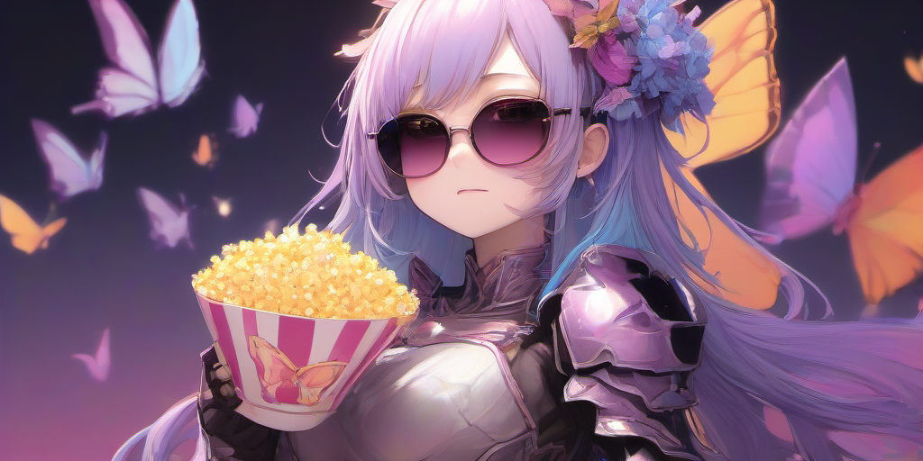 Masterpice,High Quality,portrait,anime
 <lora:PE_ButterflyLady:0.7> PEButterflyLady, 
knight armour,sunglasses,eating a popcorn