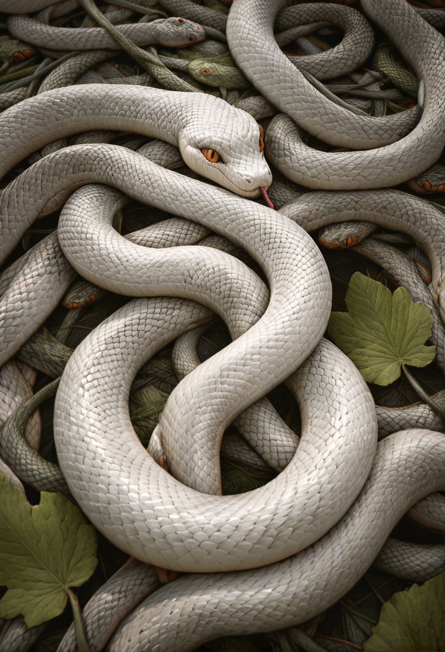 ruanyi1480,snake,shiny skin,,leaf,white snake,<lora:1480 snake_v2_pony:1>, score_9,score_8_up,score_7_up,,8k,solo,,