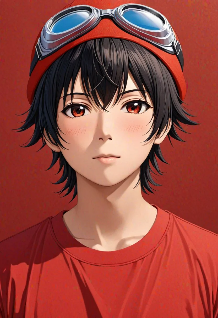Highres, Masterpiece, High Quality, 4K, Yuusuke Fujisaki, 1boy, solo, black hair, T-Shirt, Look at The Viewer, Realistic Light, passport_photo_style, Solid Color Background, red hat, goggles, bracelet, anklet
