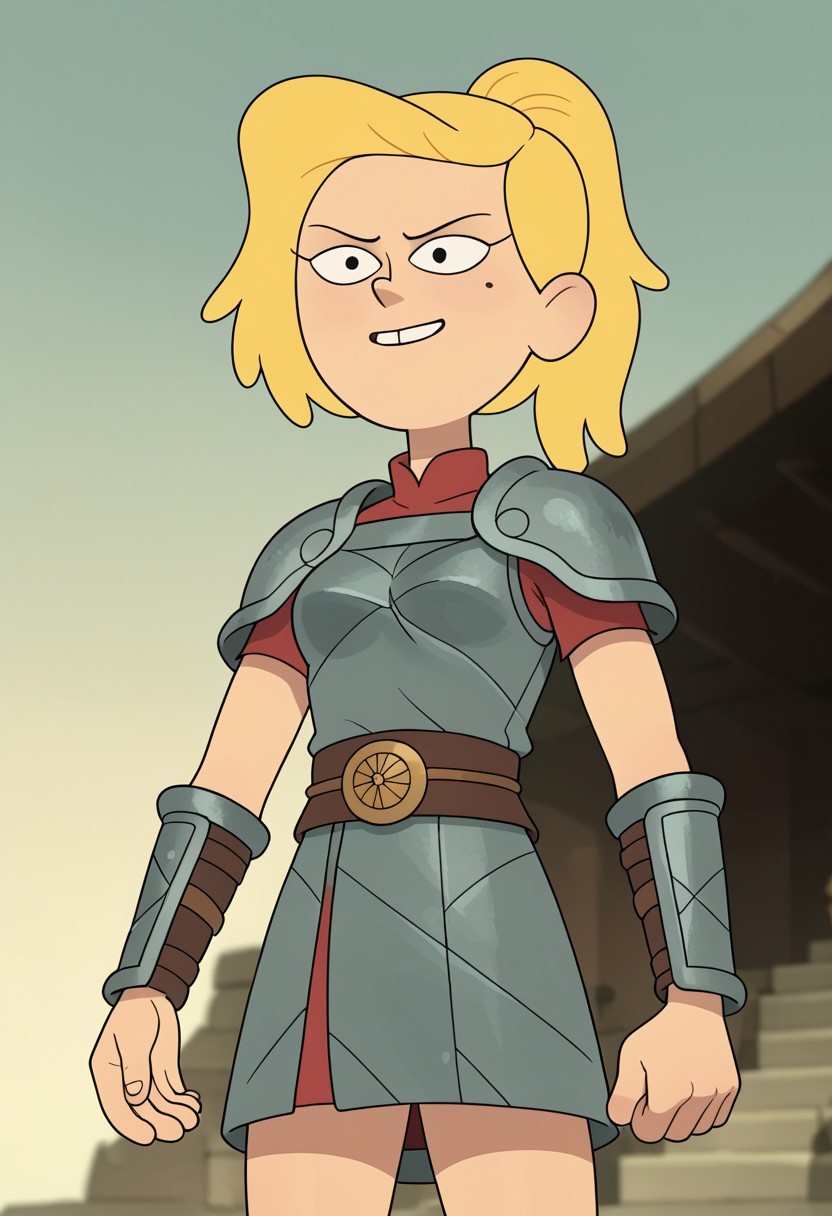 score_9, score_8, score_7, score_6,
triplevexx, solo, sasha waybright, blonde hair, ponytail, black eyes, mole under eye,
Character Description: A muscular woman with a fierce expression and braided hair.
Outfit: A battle-worn gladiator armor with intricate engravings and a flowing cape.
Action: She is raising her sword triumphantly after winning a duel.
Background: The sandy arena of an ancient coliseum, with cheering spectators blurred in the background.
Composition Details: Dramatic, low-angle lighting highlights her strength and victory, with a close-up shot that captures the intensity in her eyes and the gleam of her sword.