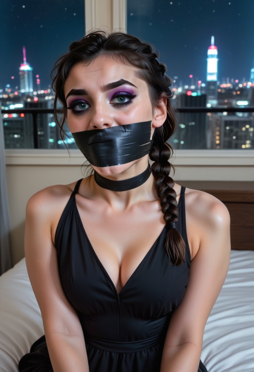 woman, tape gag, eyeshadow, bedroom with skyline view of city at night, braid, mouth-filling gag, large wide wrapped tape gag, black dress, black tape gag, black choker, black tape gag wrapped around the head and mouth,