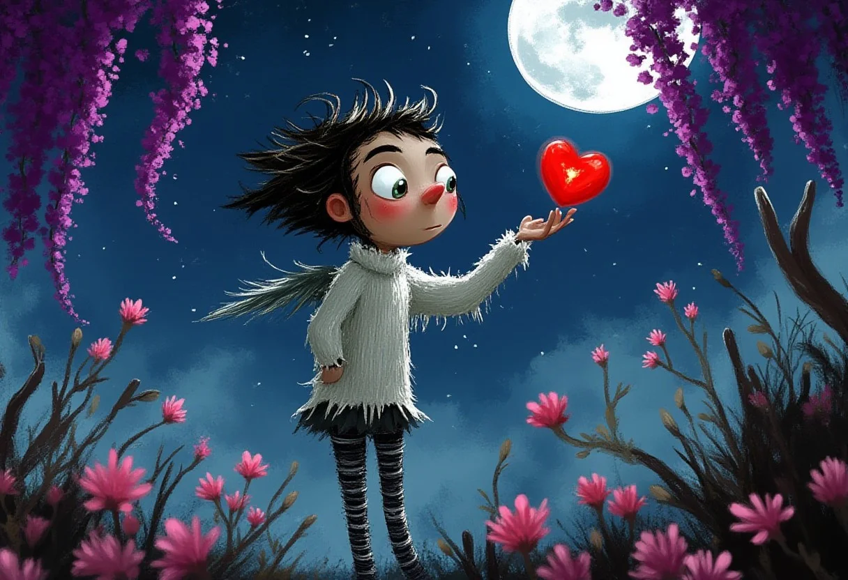 A whimsical illustration of an impossibly tall, stretched Cupid with elongated arms and tattered striped stockings, in dark whimsical art style, delicately balancing a glowing crystalline heart between spindly fingers, digital painting with flowing brushstrokes creating texture in the ragged wings, moonlit garden background with cascading purple wisteria and pink cherry blossoms, characteristic Tim Burton inspired design with enormous silver eyes that sparkle with otherworldly romance