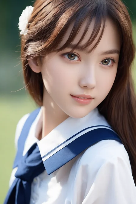 High detail RAW color sensual photo of 18 yeays old girl japan student uniform with perfect face and perfect bright eyes, pale skin and freckles, perfect face,(symmetrical eyes)
(detailed facial features:2),
(((Japanese high-school uniform ))),
brown eyes, blush, brown hair, long hair, looking at viewer, medium breasts, school background, smile, solo, incredibly absurdres, best quality,
(full body),(photorealistic:2),(high contrast),(Texturing Realistic Skin:2)
<lora:PrgXL_V1:0.45>
