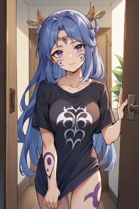 score_9, score_8_up, score_7_up, score_6_up, source_anime BREAK 1girl, solo <lora:tialuna-pdxl-nvwls-v1-000006:1> tialuna, blue hair, purple eyes, facial mark, tattoo, circlet, hair ornament, black t-shirt, bottomless, shirt tug, doorway, bedroom, looking at you