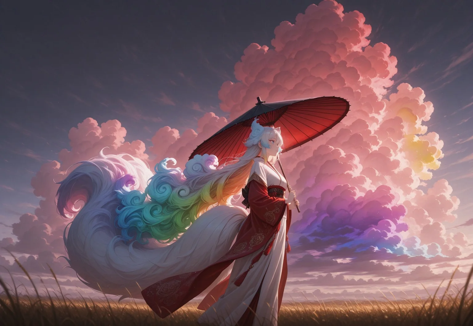 masterpiece, best quality, absurdres,anime style,detailed eyes,
1 female solo,((((Cloud hair)))),long hair,blue eyes,kitsune tails,white kimono,red sleeves,golden embroidery,
wide shot,from side,feet out of frame,low angle,
looking to the left,sun umbrella,washi umbrella,multicollored umbrella,red umbrella,black umbrella,walking along rye field,
background, ((((huge fluffy Clouds)))),((((rainbow gradient cloud)))),dimly lit,