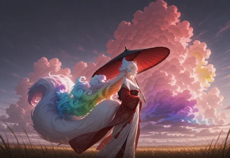 masterpiece, best quality, absurdres,anime style,detailed eyes,
1 female solo,((((Cloud hair)))),long hair,blue eyes,kitsune tails,white kimono,red sleeves,golden embroidery,
wide shot,from side,feet out of frame,low angle,
looking to the left,sun umbrella,washi umbrella,multicollored umbrella,red umbrella,black umbrella,walking along rye field,

background, ((((huge fluffy Clouds)))),((((rainbow gradient cloud)))),dimly lit,