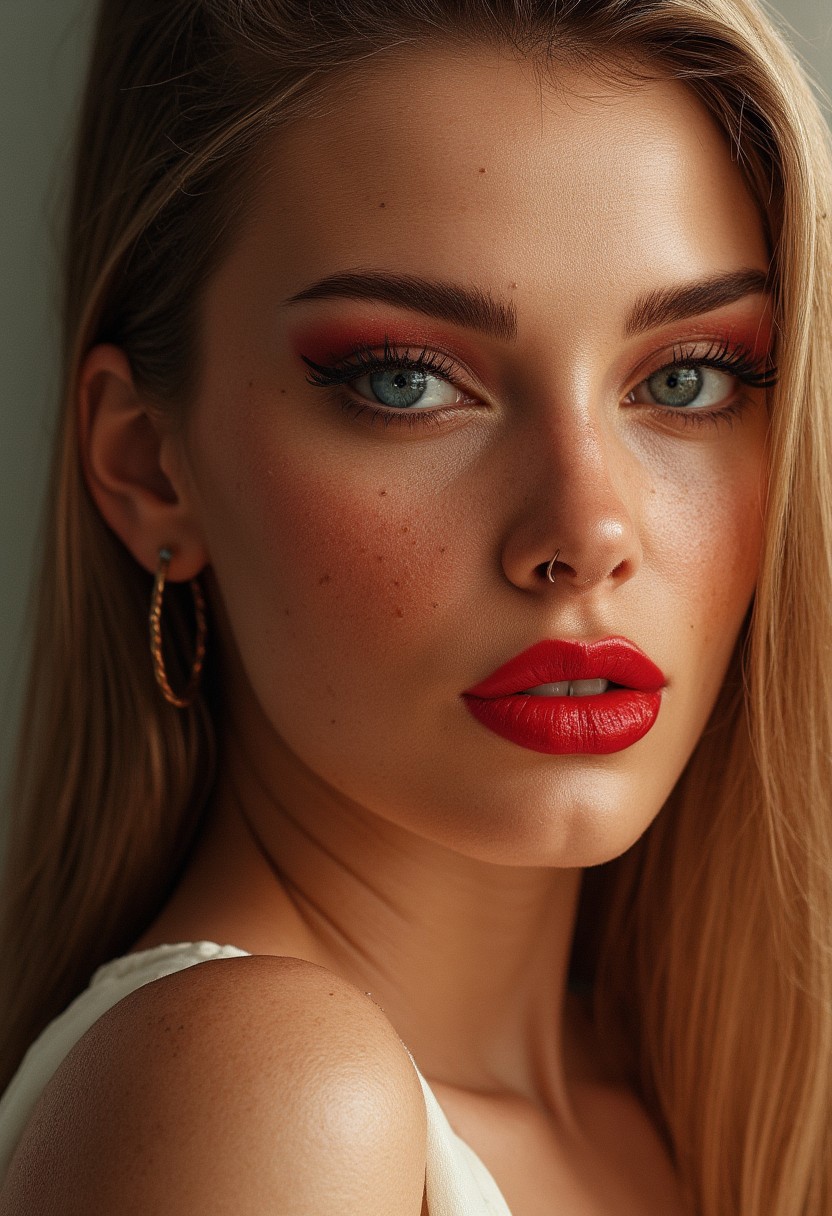 close-up portrait, daylight, woman, The subject has a deep,rich complexion, makeup, natural youthful glow. straight blonde hair cascading down her shoulders,Her eyes are almond-shaped and striking blue,accentuated by thick,eyeliner that extends beyond her natural eye shape,creating a dramatic winged effect. Her eyebrows are well-groomed,framing her eyes. shining with both quiet strength and an underlying vulnerability. Soft beads of sweat cling to her flawless,pale skin,nature background,trees,soft daily sunlight,blurry background,bokeh,
((film grain)),(skin texture:1.4)  Her eyelashes are long and voluminous,enhanced with mascara. dewy texture and a natural,Her eyebrows are well-groomed,makeup,skin texture,glow,masterpiece,red and gold lighting effects,red lipstick,
adorned with cascading vines and blooming flowers,.,<lora:Esc_Makeup:0.8>,overexposed light,