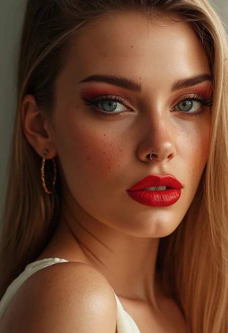 close-up portrait, daylight, woman, The subject has a deep,rich complexion, makeup, natural youthful glow. straight blonde hair cascading down her shoulders,Her eyes are almond-shaped and striking blue,accentuated by thick,eyeliner that extends beyond her natural eye shape,creating a dramatic winged effect. Her eyebrows are well-groomed,framing her eyes. shining with both quiet strength and an underlying vulnerability. Soft beads of sweat cling to her flawless,pale skin,nature background,trees,soft daily sunlight,blurry background,bokeh,
((film grain)),(skin texture:1.4)  Her eyelashes are long and voluminous,enhanced with mascara. dewy texture and a natural,Her eyebrows are well-groomed,makeup,skin texture,glow,masterpiece,red and gold lighting effects,red lipstick,
adorned with cascading vines and blooming flowers,.,<lora:Esc_Makeup:0.8>,overexposed light,