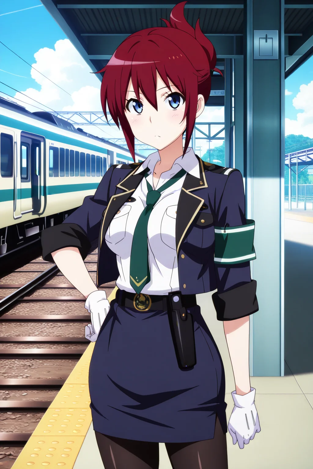 anime screenshot, anime coloring, sakurai aoi, 1girl, solo, red hair, folded ponytail, blue eyes, medium breasts, police uniform, blue jacket, open jacket, white shirt, collared shirt, sleeves rolled up, green necktie, armband, green armband, blue skirt, pencil skirt, black belt, white gloves, holster, black pantyhose, looking at viewer, cowboy shot, hand on own hip, outdoors, train station, masterpiece, best quality, high quality, highres, absurdres, <lora:sakurai_aoi_ILXL_v2:0.9>