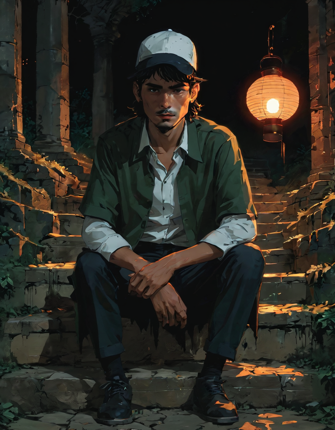 hyperrealistic top view dark and gritty impactful paint of a ectomorphic colombian melancholic male scientist wearing a umbrella hat and hugo boss clothes  sitting on the steps of an ancient ruin, long forest green hair, outside in Palau at dawn fall, inspired by futuristic anime, (lantern-lit path:1.6)<lora:The_Pulp_Session:0.90>