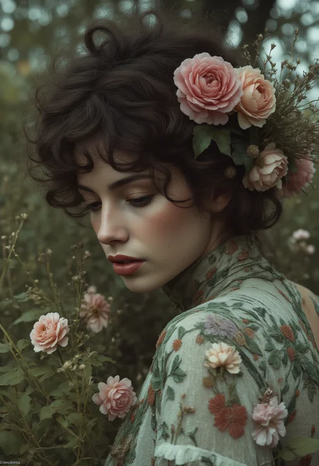 A romantic, vintage-style portrait of a young woman with delicate, pale skin and soft, dark curls. She gazes downward in a serene, introspective pose. Her hair is adorned with large, blooming flowers in shades of dusty pink and soft peach, blending seamlessly with her surroundings. She is wearing an intricately patterned, sheer floral blouse with embroidered details that mirror the natural flora around her. The background is a dreamy, muted natural setting with soft-focus greenery and delicate wildflowers, creating an ethereal, poetic atmosphere. The lighting is soft and diffused, emphasizing her gentle features and the lush textures of her attire.. aidmaMJ6.1 <lora:aidmaMJ6.1v0.4:0.6>, aidmaimageupgrader <lora:aidmaImageUpraderv0.3:0.5>,, c0l0rw0rldd <lora:color-world:0.5>