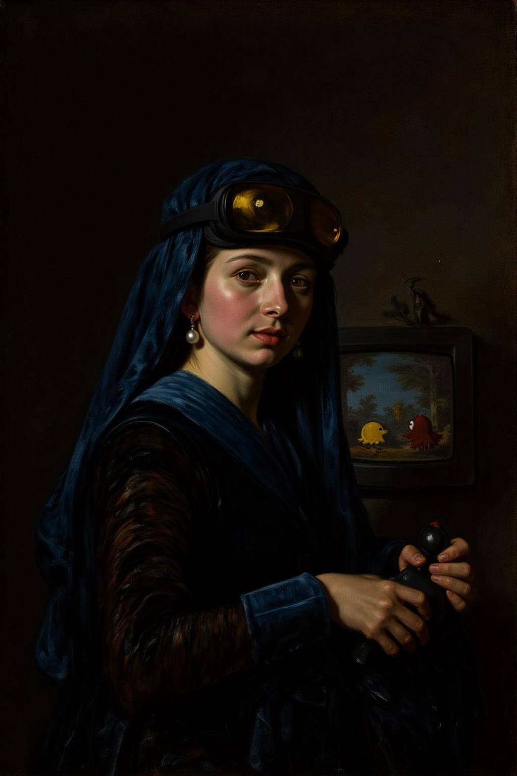 fraha1 painting portrait of a young woman turned slightly toward the viewer, She wears a deep blue VR Headset with golden yellow lenses draped elegantly over her head, complementing her smooth, glowing complexion. Her gaze is soft yet piercing, and her slightly parted lips add an air of mystery. She is wearing a VR Headset over head. She also hold a joystick in her hand. There is a TV monitor behind her displaying Pacman. A single, luminous pearl earring hangs from her ear, catching the light and drawing attention to her delicate features. The background is dark and muted, creating a dramatic contrast that emphasizes her presence and the subtle interplay of light and shadow on her face and attire. The overall atmosphere is intimate and serene, with a masterful balance of detail and simplicity  <lora:fraha2_nocap_d6a3:1.0><lora:806971793391918352:0>