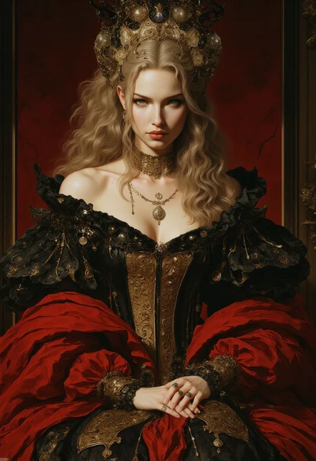 A Renaissance-style closeup portrait of an oil painting of a woman from the chest up sitting before a heavy velvet dressing screen, draped in a meticulously crafted Renaissance gown with modern embellishments. The off-the-shoulder dress, made of deep crimson velvet, features an embroidered golden corset laced with delicate black silk ribbons and a subtle digital luminescence outlining the brocade patterns. Her sleeves are long and flowing, gathered at the wrists with metallic clasps shaped like circuit patterns. Her pearl-adorned hair is woven with fine gold chains, while a sleek, futuristic data ring on her finger glows faintly in contrast to the antique jewelry adorning her wrists. She stares at the viewer with a subtle smile.