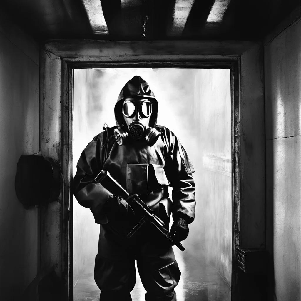 (An old black and white photo of A man in a biohazard suit and gas mask in liminal space:1.2), eerie feeling